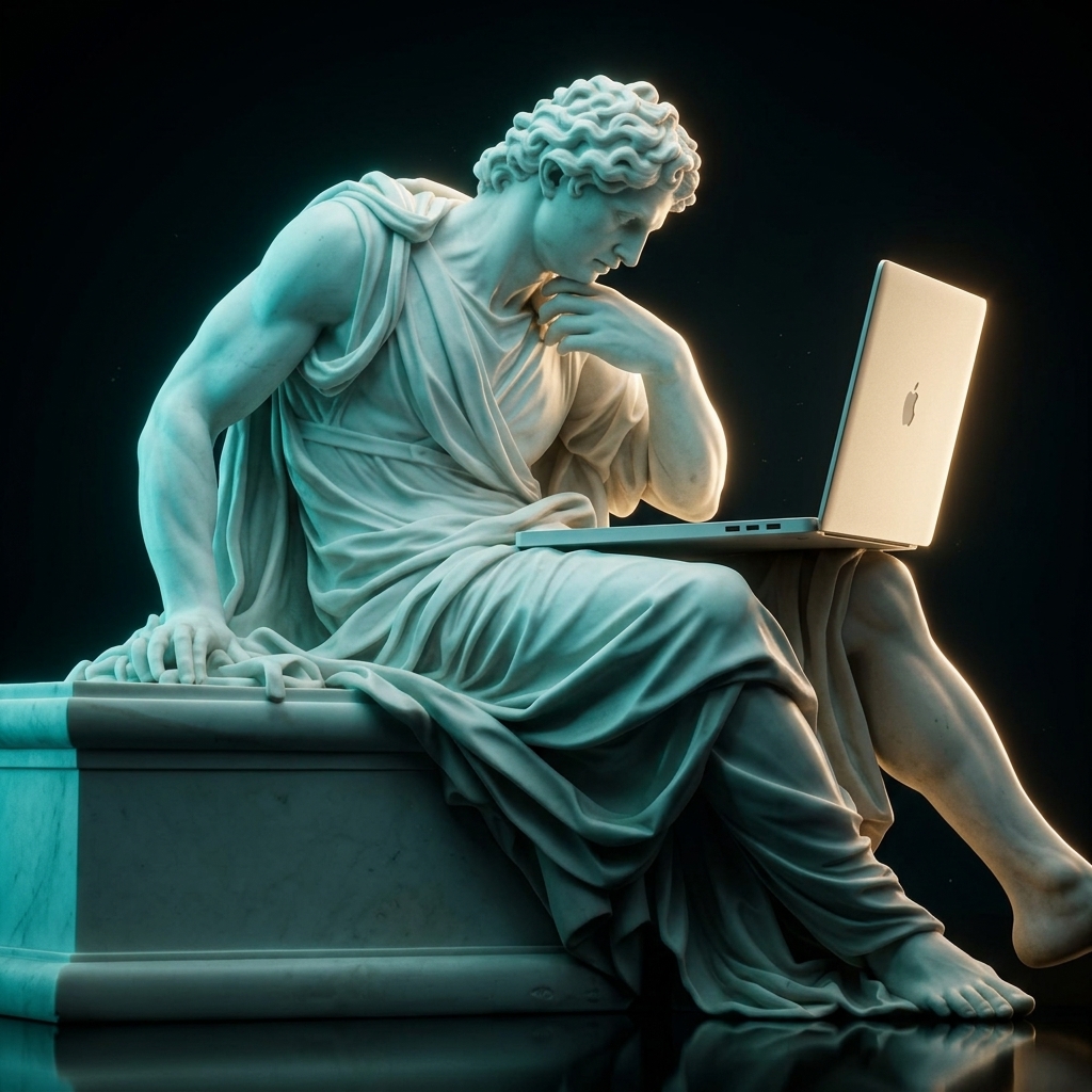 Classical Seated Statue with Modern Laptop