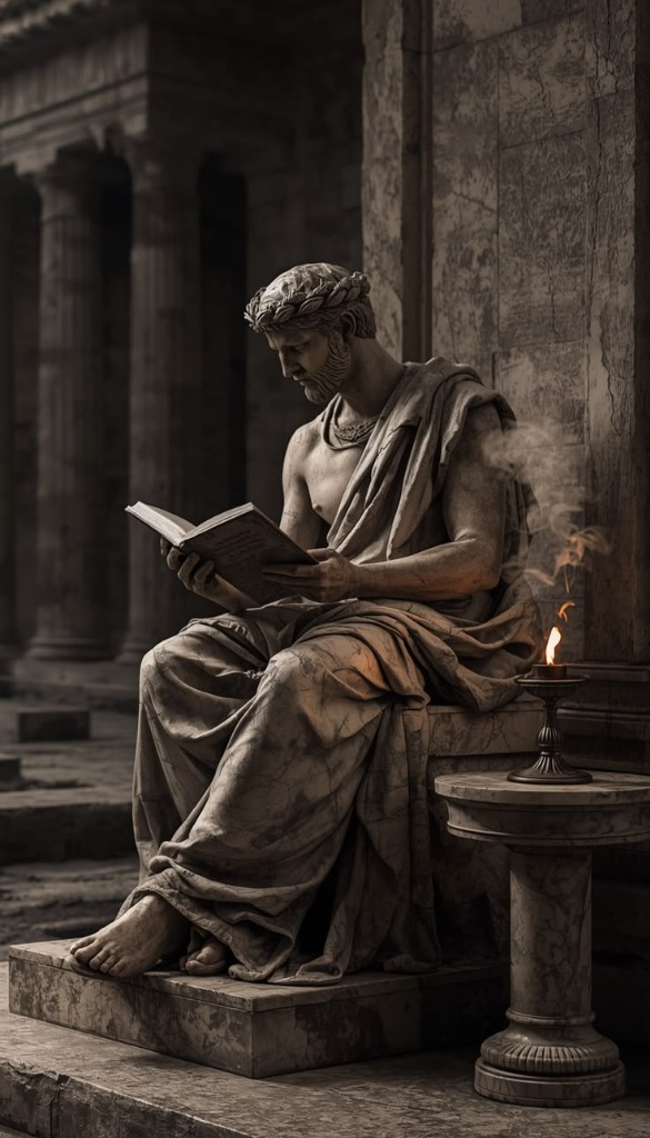 Classical Sculpture of a Philosopher reading by Candlelight